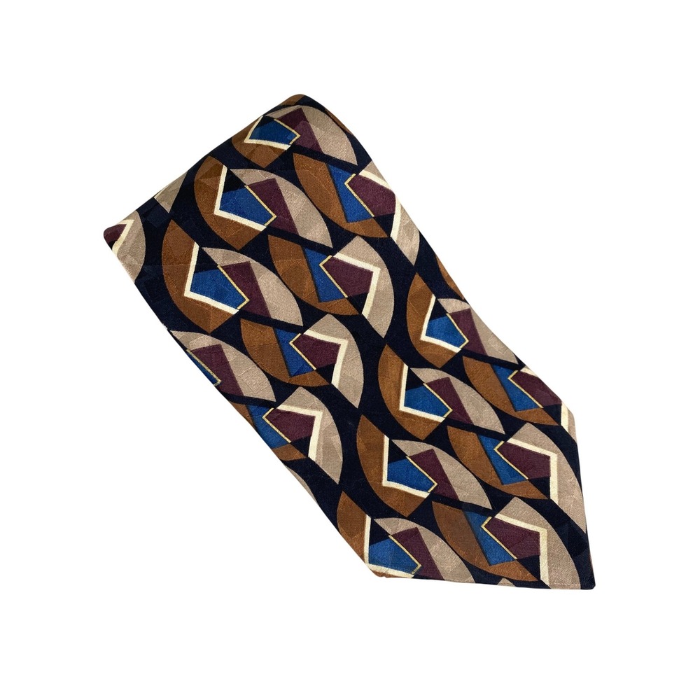 Ziggurat Men Silk Tie Geometric Abstract Brown Blue Mulberry Neckwear USA 58.5X4